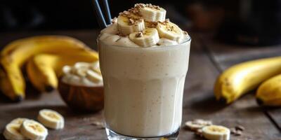 Creamy banana smoothie topped with fresh banana slices and oats in a cozy kitchen setting photo