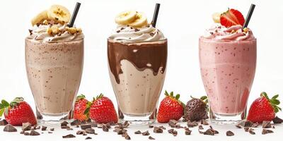 Three delicious milkshakes served in glasses with fresh fruits and chocolate toppings photo