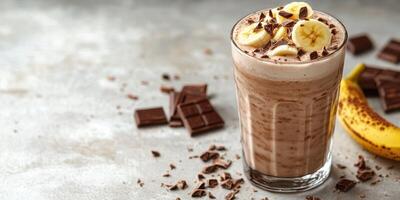 Delicious chocolate banana smoothie topped with banana slices and chocolate shavings in a glass photo
