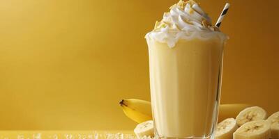 Creamy banana milkshake served in a tall glass with whipped cream and nuts on a yellow background with fresh bananas photo