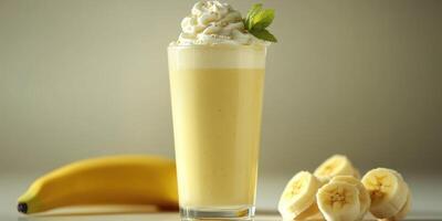 Refreshing banana smoothie with whipped cream and mint served in a tall glass alongside fresh bananas photo