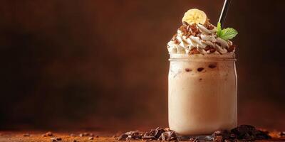 Deliciously creamy banana chocolate drink topped with whipped cream and chocolate shavings in a cozy setting photo