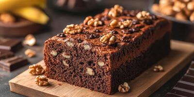 Moist chocolate walnut cake served on a wooden board with chocolate and banana in the background photo