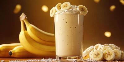 Creamy banana smoothie on a wooden table with fresh bananas in the background at a sunny kitchen photo