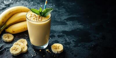 Delicious banana smoothie with fresh mint and oats on a dark background photo