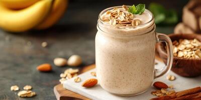 Creamy smoothie with oats and nuts prepared on a wooden board with bananas in the background photo
