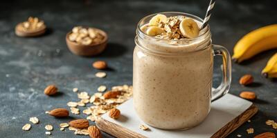Creamy banana smoothie topped with oats and almonds served in a glass jar photo