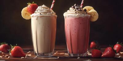 Delicious milkshakes with whipped cream served in tall glasses on a wooden table with fresh strawberries and bananas photo