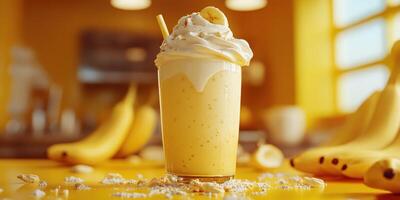 Creamy banana smoothie with whipped topping on a bright kitchen table photo