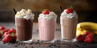 Delicious milkshakes with fresh toppings served in clear glasses on a rustic table photo