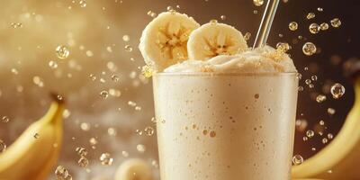 Refreshing banana smoothie with bubbles and fresh fruit on display during a sunny afternoon photo