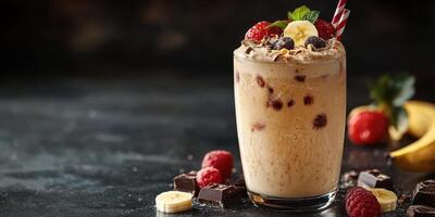 Delicious smoothie with fruits and chocolate on a dark textured surface photo