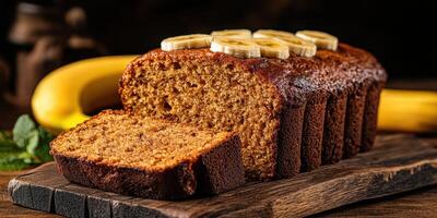 Delicious homemade banana bread loaf topped with fresh banana slices on wooden cutting board photo
