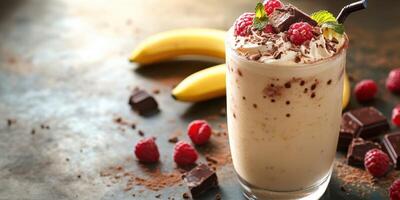 Delicious banana chocolate smoothie topped with raspberries and mint leaves photo