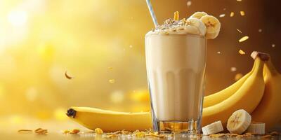 Delicious banana smoothie with oats and fresh bananas on a sunny background photo