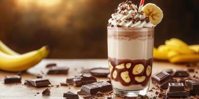 Delicious banana and chocolate dessert drink served with creamy whipped topping and fresh bananas photo