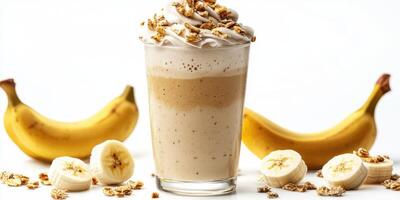 Creamy banana smoothie topped with whipped cream and granola, surrounded by fresh bananas and oats photo
