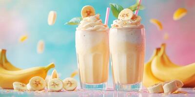 Refreshing banana smoothies with whipped cream and fresh banana slices on a colorful background photo