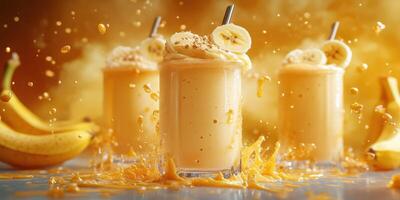 Refreshing banana smoothies splashing in a vibrant kitchen setting during a sunny afternoon photo