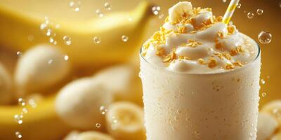 Delicious banana smoothie topped with whipped cream and crunchy cereal against a blurred background photo