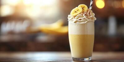 Creamy banana smoothie topped with whipped cream and sliced bananas served in a tall glass in a cozy cafe setting photo