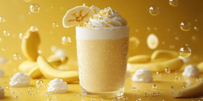 Delicious banana cream beverage garnished with whipped cream and banana slices against a vibrant yellow background photo
