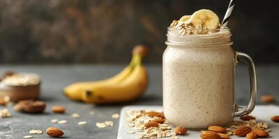 Creamy banana smoothie with oats and almonds served in a mason jar on a kitchen countertop photo