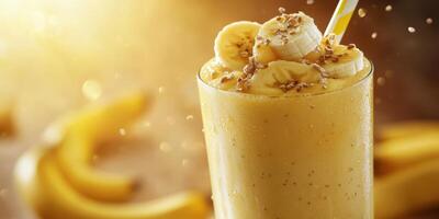 Smoothie with fresh banana slices and seeds on a sunny kitchen counter in the morning light photo