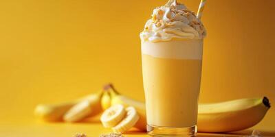 Refreshing banana smoothie garnished with whipped cream and a straw against a vibrant yellow backdrop photo