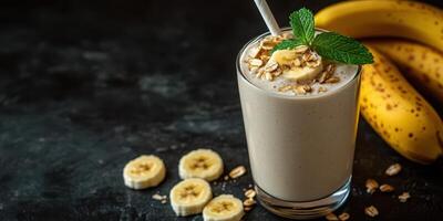 Smoothie featuring banana, oats, and mint with fresh bananas in the background on a dark surface photo