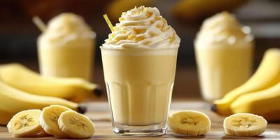 Delicious banana shakes topped with whipped cream and banana slices at a bright kitchen setting photo