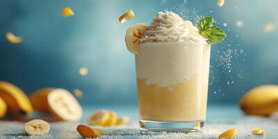 Creamy banana smoothie topped with whipped cream and mint garnished in a glass photo