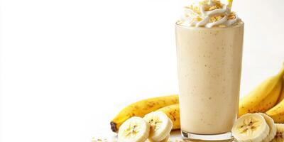 Delicious banana smoothie topped with whipped cream and oats with fresh bananas beside it photo