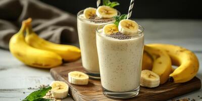 Refreshing banana smoothies served in clear glasses with mint leaves and chia seeds on a wooden board during a cozy indoor setting photo