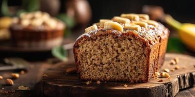 Delicious banana bread loaf with nuts and banana slices on a rustic wooden table during a cozy kitchen setting photo