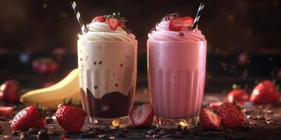 Creamy strawberry and banana milkshakes with whipped cream and chocolate chips in an inviting dessert setting photo