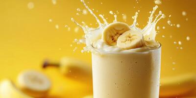 Enjoying a refreshing banana smoothie with splashes of milk on a sunny afternoon photo