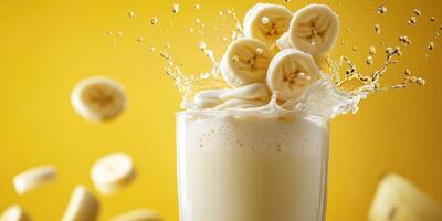 Delicious banana smoothie with splashes of milk and banana slices against a bright yellow background photo