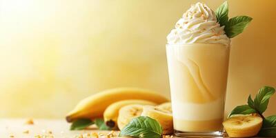 Delicious banana smoothie topped with whipped cream and nuts on a warm golden background photo