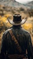 Cowboy stands in a vast desert landscape, gazing into the distance as wildflowers bloom under a cloudy sky photo