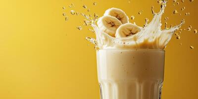 Delicious banana smoothie splashes out from a glass against a vibrant yellow background photo
