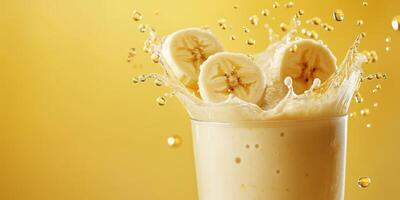 Creamy banana smoothie splashing in a glass against a vibrant yellow background photo