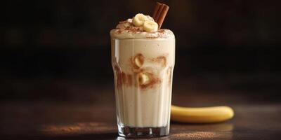Delicious banana milkshake topped with whipped cream and cinnamon served in a glass photo