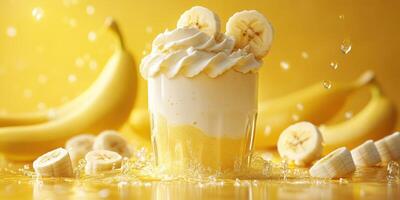 Delicious banana dessert with whipped cream and fresh fruit on vibrant yellow background photo