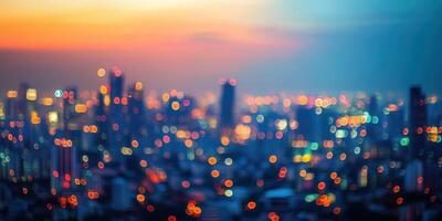 City skyline illuminated at twilight with vibrant lights and a dreamy atmosphere photo