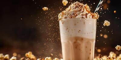 Creamy dessert drink with popcorn topping displayed on a dark background photo