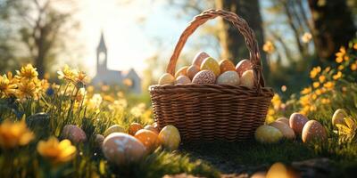 Colorful decorated eggs in a wicker basket surrounded by blooming flowers on a sunny spring day photo