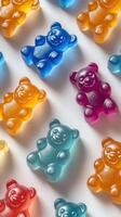 Colorful gummy bears arranged in a playful pattern on a light background photo