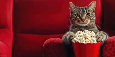 Cat enjoys popcorn while watching a movie on a cozy red couch in a living room setting photo