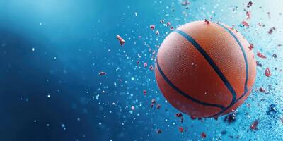 Basketball flying through the air with dynamic motion effects captured in a vibrant blue background photo